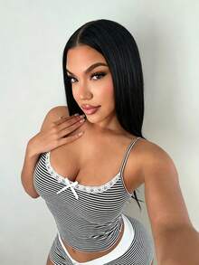 SHEIN SXY 女士休闲简约黑白条纹蕾丝蝴蝶结装饰两件套，适合春夏穿着 - 彩色 - 查看 7
