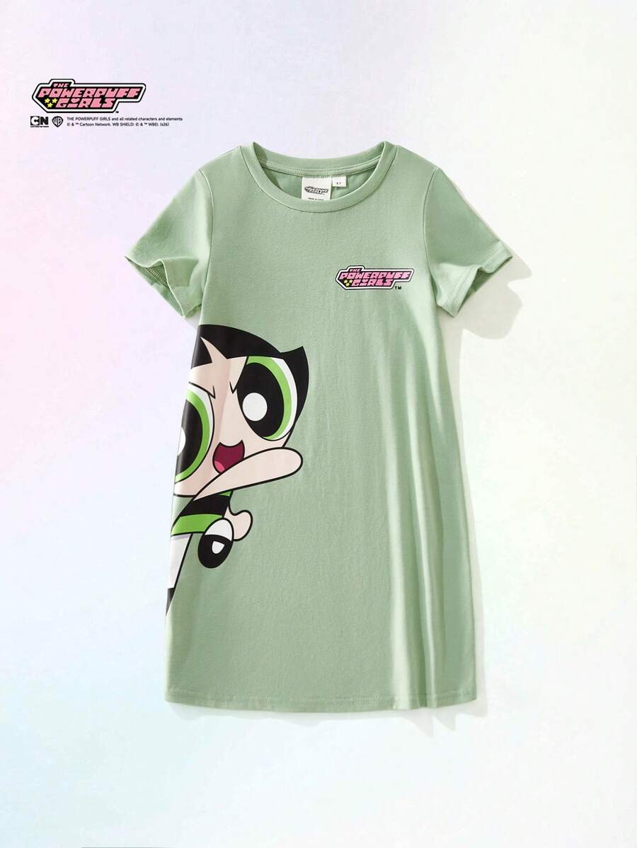 THE POWERPUFF GIRLS X SHEIN Maija Kids Young Girl Cartoon Pattern Knit Soft Round Neck Short Sleeve Dress - Green - View 1