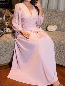 Modelyn White Lilac Autumn Elegant Sexy Golf Women's Jacquard Criss-Cross Tie Asymmetrical Top And Flared Midi Dress Set,Vintage French Style Dinner Gown - Pink - View 3