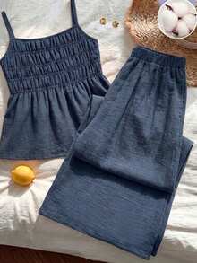 SHEIN 2pcs/Set Teen GirlCasual Camisole Top And Wide Leg Pants Set, Summer - Navy Blue - View 6