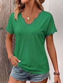 Selamara Women's Spring/Summer New V-Neck Lace Trim Short Sleeve T-Shirt - Dark Green - View 3