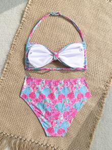 Teen Girl Shell Print Halter Swimsuit Set, Beach Vacation - Multicolor - View 4