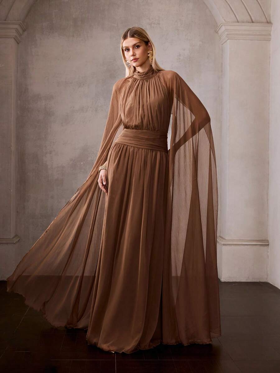 MOTF Soiréza Đầm dạ hội dài chấm đất bằng vải chiffon, màu nâu nhạt, cổ đứng nhỏ, chất liệu voan mỏng, thanh lịch. - Cà phê nâu - Xem 1