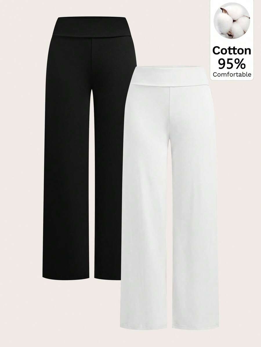 SHEIN EZwear 2 chiếc quần ống rộng cạp cao, gập gấu, dáng suông dành cho nữ, thích hợp cho mùa hè. - Nhiều màu - Xem 1