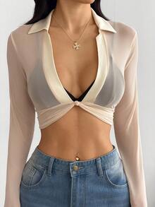SHEIN EZwear 浅卡其色网眼露脐性感女式上衣 - 杏色 - 查看 9