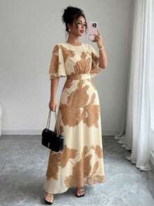 Modelyn Women's Elegant Round Neck Ruffle Flare Sleeve Fitted Flowy Maxi Chiffon Dress, Spring/Summer - Multicolor - View 1