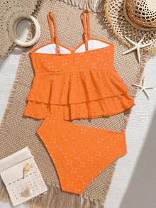 SHEIN Baju Renang 2 Potong Warna Polos dengan Detail Lubang untuk Remaja Perempuan, Cocok untuk Pantai, Resor, dan Musim Panas di Pantai dan Resor. - Jeruk - View 2