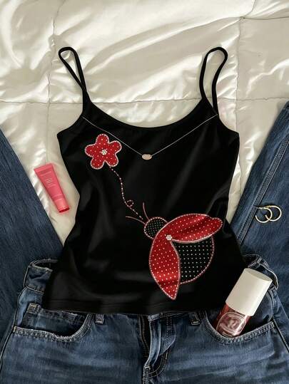 Glimmora A Vacation-Style Elegant Floral And Ladybird Print Camisole Top, Suitable For Spring And Summer, Fashionable Top, Stylish Top, Perfect As A Gift For Siblings, Ideal For Sisters, And A Great Choice For Mothers, Mother's Day Gift, Casual Yet Fashionable Top.