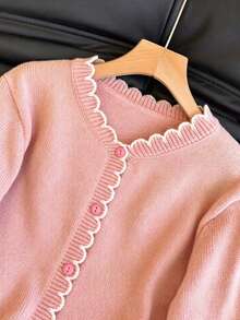SHEIN LUNE Cárdigan con bloque de color y volantes de estilo romántico francés, adecuado para ir al trabajo - Rosado Sandía - Ver 3