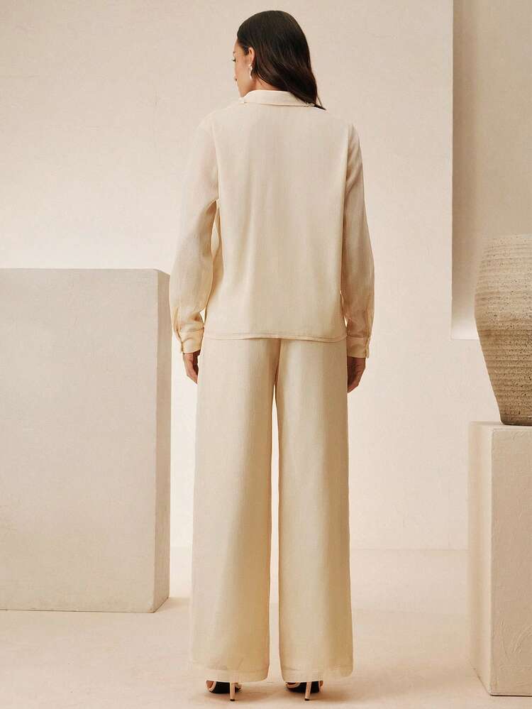 Women's Solid Color Single-Breasted Long Sleeve Top And Pants Casual 2 Pieces Set