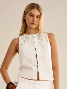 CielaLinda Áo croptop nữ mùa hè thêu họa tiết chắp vá, khoét lỗ, không tay, cài cúc phía trước. - trắng - Xem 5