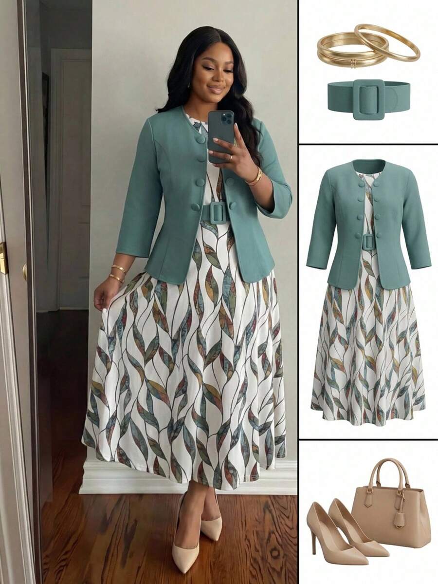 SHEIN CURVE+ 大码优雅通勤纯色外套和印花连衣裙两件套 - 彩色 - 查看 1