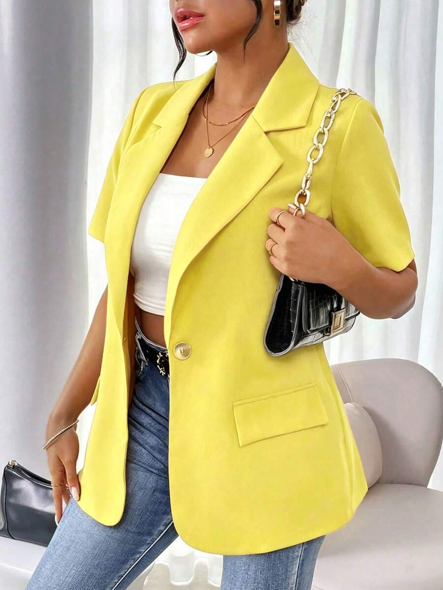 Vionelle French Style Solid Color Short Sleeve Blazer - Yellow - View 1