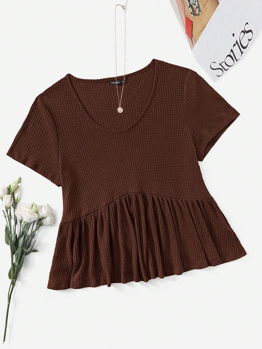 SHEIN VCAY Plus Size Women's Solid Color V-Neck Ruched Short Sleeve Casual T-Shirt - Coffee Brown - View 1