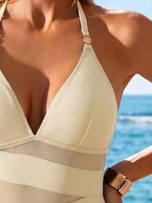 Bonvoyette Women's Sexy One-Piece Swimsuit With Metallic Decor, V-Neck And Sheer Splice Design, Suitable For Beach Vacation - Apricot - View 5