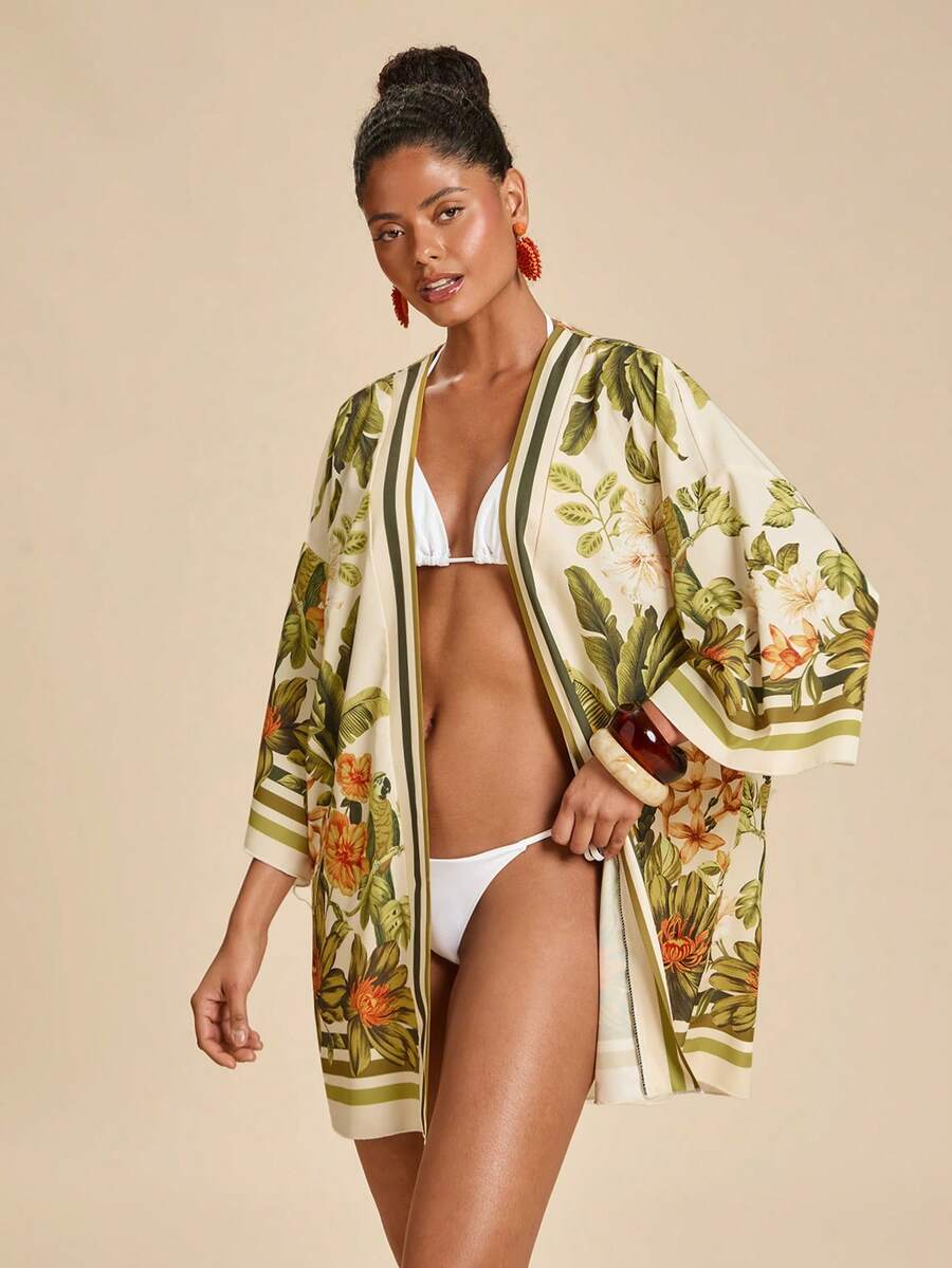 Travachic 女士热带植物印花宽松长袖和服罩衫 - 彩色 - 查看 1