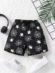 SHEIN Sparklyn Cậu bé mặc quần đùi in hình mạng nhện trắng ngộ nghĩnh trên nền đen. - màu đen - Xem 1