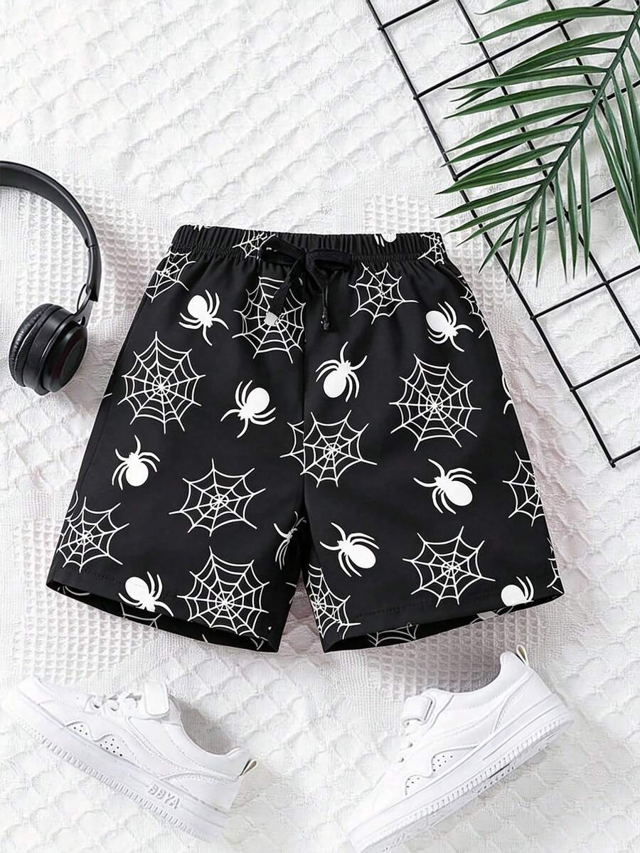 SHEIN Sparklyn Cậu bé mặc quần đùi in hình mạng nhện trắng ngộ nghĩnh trên nền đen. - màu đen - Xem 1