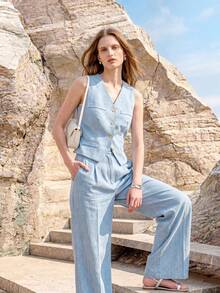 MOTF PREMIUM WOMEN'S DENIM EFFECT LINEN SINGLE-BREASTED SLEEVELESS SLIM FIT LIGHTWEIGHT VEST JACKET - Light Wash - View 4