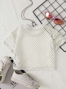 SHEIN Mädchen Sport Streetwear Frühling/Sommer Strick Mesh Rundhals Kurzarm Top, Sport & Casual Mutter-Tochter-Partnerlook (2 Sets separat erhältlich) - Weiss - Übersicht 2