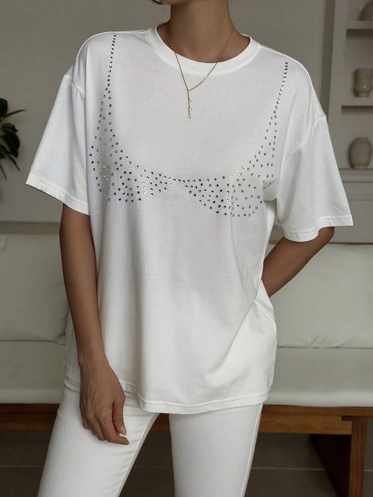 Women's Summer Round Neck Short Sleeve Loose Rhinestone Design Casual Street T-Shirt