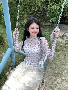 DAZY 女士高领全印花长袖舒适T恤，春夏款 - 米色 - 查看 4