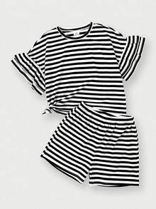 SHEIN 2pcs/Set Tween Girls' Round Neck Short Sleeve Striped Ruffle Sleeve T-Shirt And Striped Shorts - Black and White - View 3