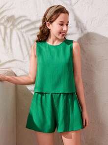 SHEIN Bộ đồ hai mảnh không tay bằng vải dệt thường ngày của cô gái tuổi teen, mùa xuân/hè - màu xanh lá - Xem 4