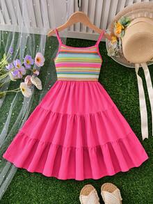 SHEIN Sparklyn Girls' Hot Pink Summer Boho Cute Vacation Holiday Rainbow Striped Patchwork Peach Pink Linen Multi-Layered Ruffle Hem Sleeveless Midi Dress,Daily - Multicolor - View 6