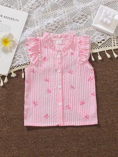 1pc Young Girl Summer New Fashion Casual Pink Ruffle Bow Tie Floral Print Sleeveless Open Front Shirt, Soft & Comfortable, Suitable For Daily Wear, Outings, Camping, Gifts, Back To School, Spring/Summer
