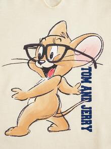 TOM & JERRY X SHEIN Áo thun nữ tay ngắn cổ chữ V in chữ và hoạt hình, kiểu dáng thường ngày. - Màu be - Xem 3