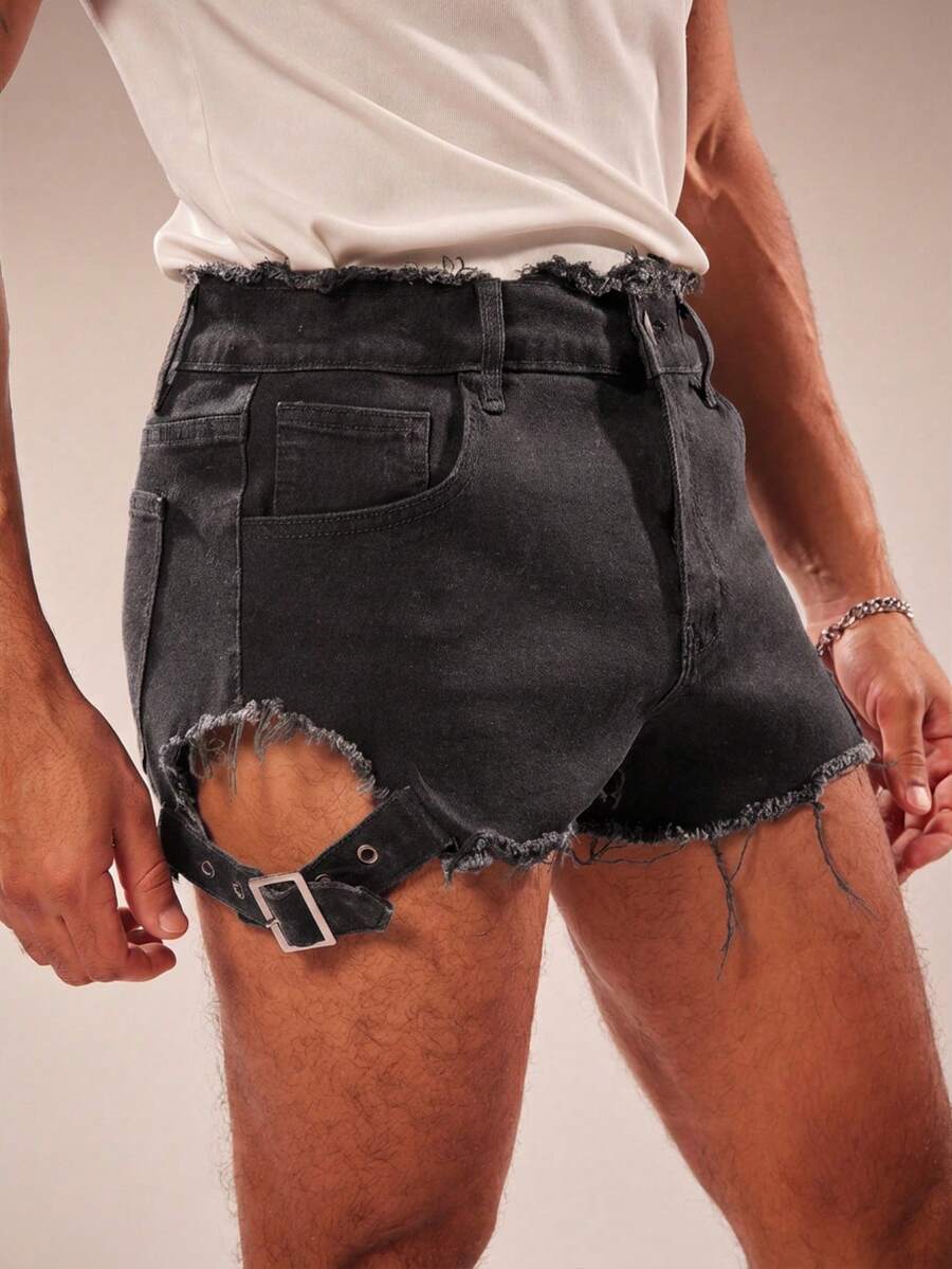 FeverCity Celana Pendek Pria Model Longgar dengan Pinggiran Berumbai dan Detail Rusak, Pinggang Elastis, Warna Washed, Musim Panas - Grey - View 1