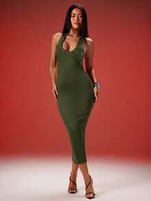 Denimoi Women's Fashionable Sexy Metal Eyelet Backless Halter Neck Dress, Summer - Army Green - View 4