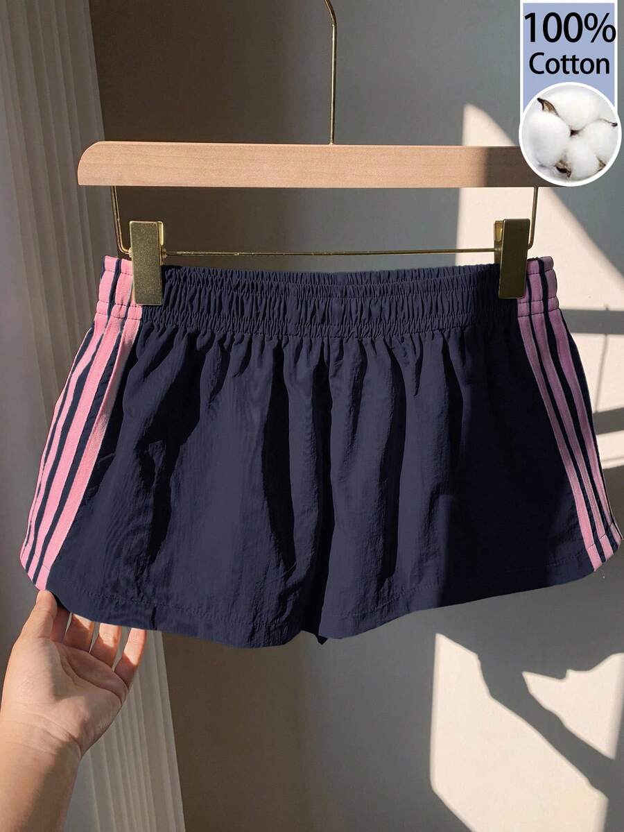 Comfortcana Quần short nữ màu xanh hải quân, cạp chun, dáng rộng, thoải mái, có sọc bên hông, thích hợp mặc mùa hè. - Màu xanh hải quân - Xem 1