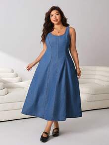 Solflare Plus Size Women Summer Sleeveless Casual Denim Dress Vacation Outfits - Blue - View 7