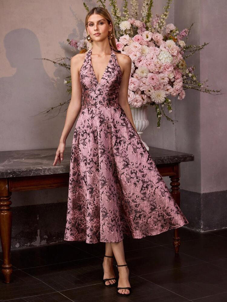 MOTF Soiréza WOMEN'S ELEGANT FORM-FITTING HALTER NECK SLEEVELESS LONG PARTY GOWN – WOVEN JACQUARD FABRIC WITH INTRICATE PATTERN, UMBRELLA HEM SKIRT | IDEAL FOR WEDDINGS, GALAS, FORMAL EVENINGS & HOLIDAY PARTIES