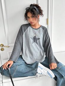 Leap Crew Teen Girls' Colorblock Waffle Knit Star Print Long Sleeve Casual T-Shirt - Grey - View 4