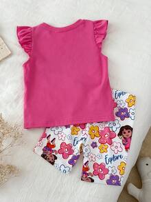 DORA | SHEIN Bộ áo thun tay bồng in họa tiết DORA Girls - Nhiều màu - Xem 2