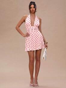 SHEIN BAE Gaun Mini Halter Motif Polkadot untuk Wanita, Gaun Musim Panas untuk Wanita - Coral Pink - View 3