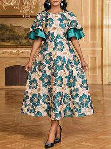 SHEIN Lady Đầm nữ thanh lịch họa tiết jacquard xếp nếp viền, thích hợp cho mùa hè. - màu xanh lá - Xem 4