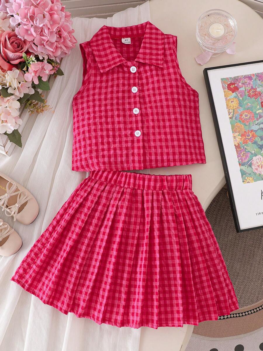 Tween Girls Plaid Sleeveless Shirt Paired With Plaid Pleated Mini Skirt - Hot Pink - View 1