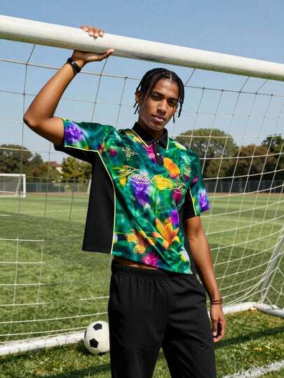 Manfinity ZONE917 Box-Shaped Short Retro Football Sports Style College Logo Floral Contrast Color Polo Shirt