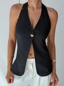 DAZY Solid Color Fitted Waist Halter Neck Backless Elegant Formal Summer Lightweight Vest Jacket For Women - Black - View 4