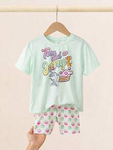 TOM & JERRY X SHEIN 2 Stücke/Set Baby Mädchen lässig Cartoon Muster Rundhals Kurzarm T-Shirt und Allover Muster Shorts Set - Verschiedenfarbig - Übersicht 3