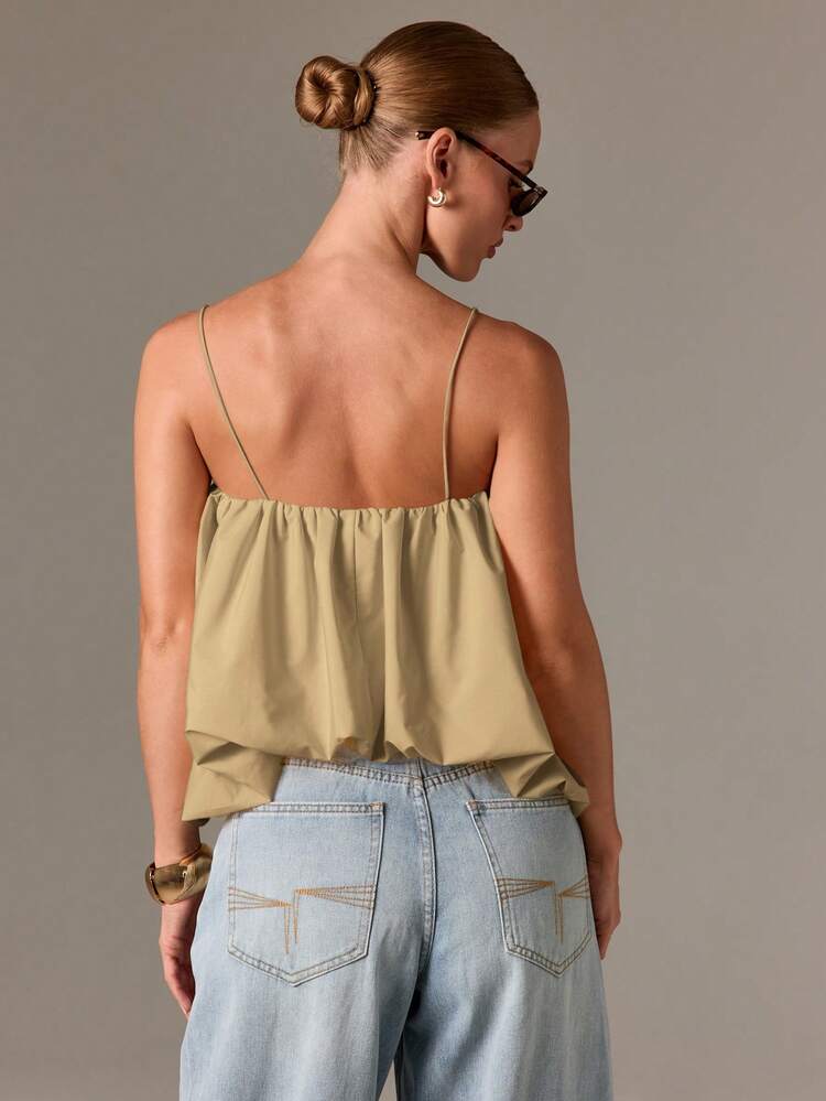 AiiRZ Bohemian Ruched Cami Tank Top With Balloon Hem And Spaghetti Straps For Summer Casual Wear