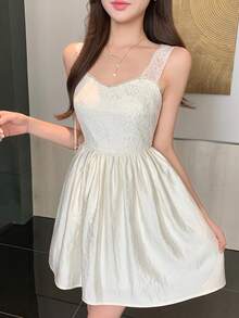 DAZY Women's Waist Cinched Flared White Mini Dress, Spring & Summer - White - View 3