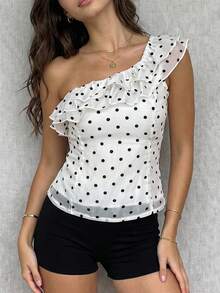 DAZY Áo kiểu nữ bằng vải chiffon chấm bi xếp nếp bất đối xứng, dáng ôm, vai lệch, thích hợp cho mùa xuân và mùa hè. - Màu be - Xem 6