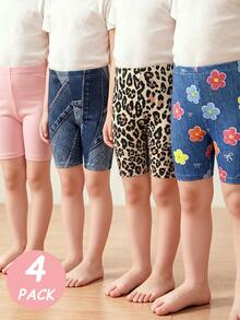 SHEIN 4-Piece Young Girls Summer Leggings, Soft Knit Shorts Set Featuring Leopard, Blue Denim Print, Floral Patterns & Pastel Pink For Everyday Play - Multicolor - View 5