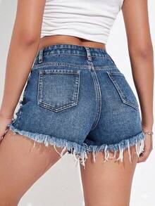 Rivivi Women's Casual Distressed Frayed Hem Denim Shorts With Pockets - Medium Wash - View 2
