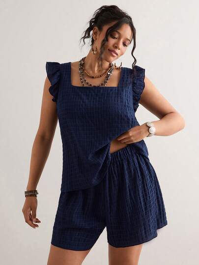 Freevana Plus Size Women Square Collar Cap Sleeve Shirt And Shorts Casual 2 Pieces Set